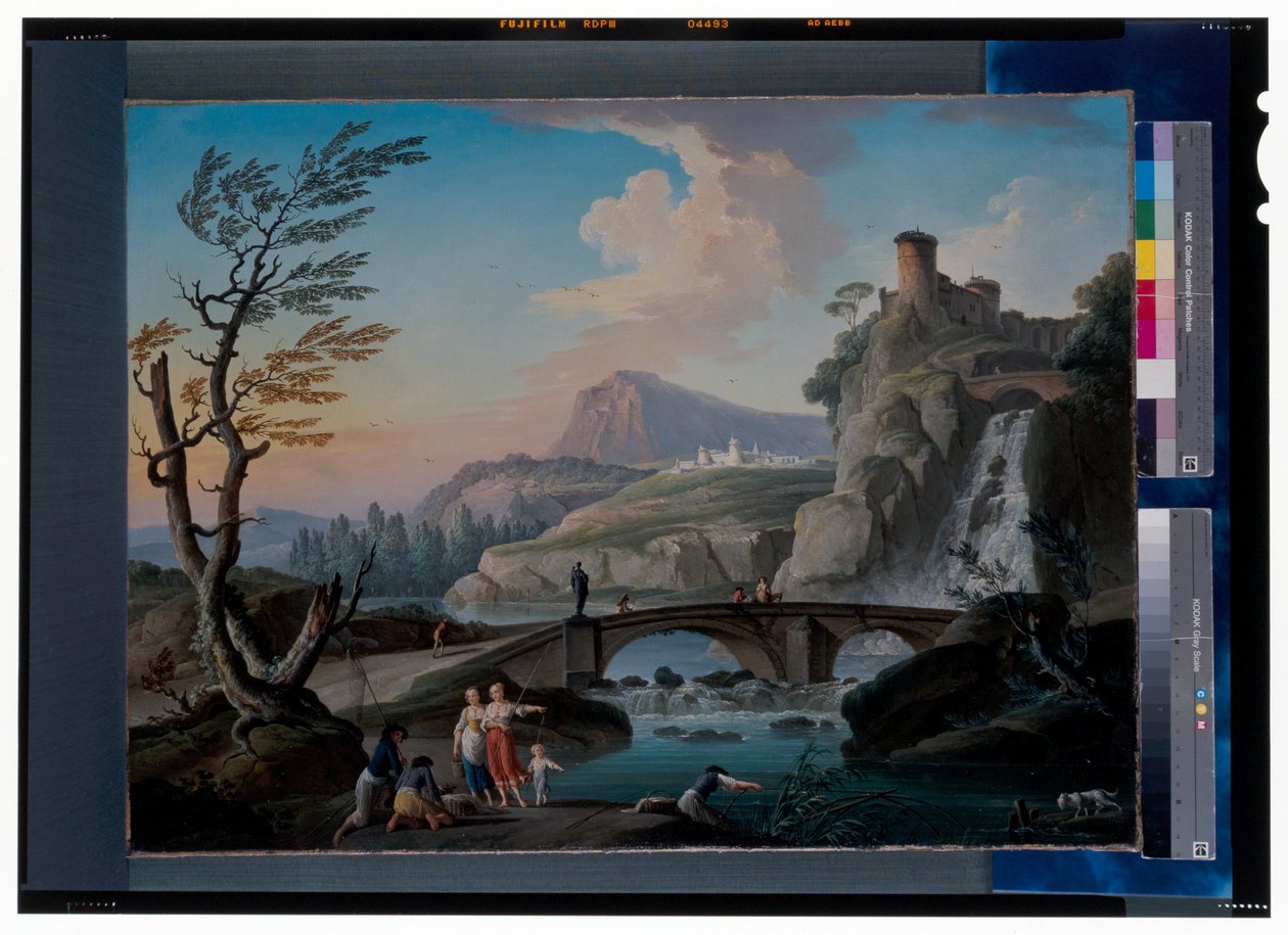 Et elvelandskap med fiskere som drar garnene sine, et steinete landskap og en gangbro bortenfor av Charles François Grenier de Lacroix