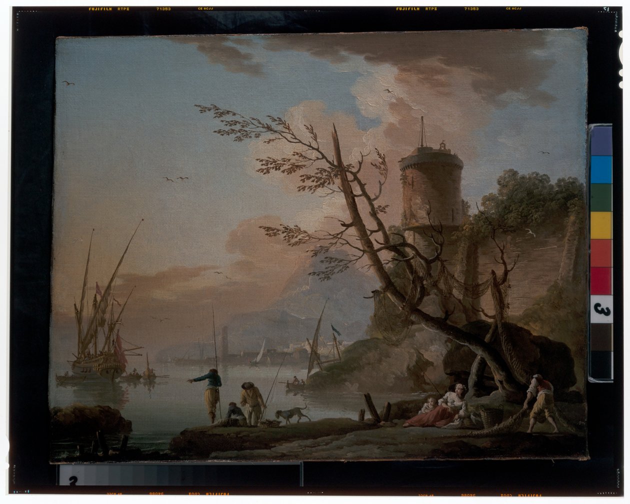 Menn som fisker med kvinner som hviler under et tårn av Charles François Grenier de Lacroix