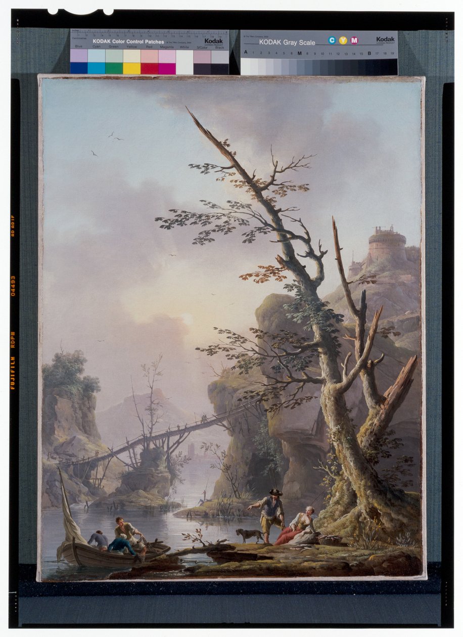 Elvelandskap med fiskere som tar igjen garnene sine av Charles François Grenier de Lacroix