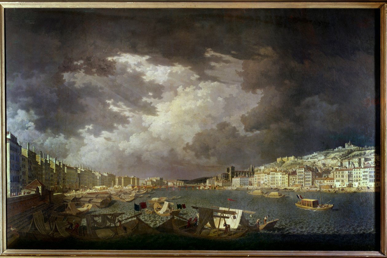 Borders of the Saone i Lyon Til venstre handelsvirksomhet, Maleri av Charles Francois Nivard (1739-1821) 1804. av Charles François Nivard