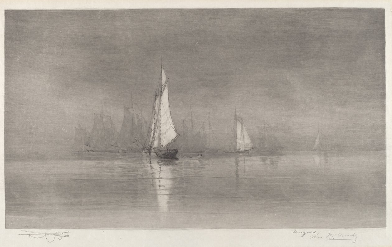 Uten tittel (Havnescene med seilbåter) av Charles Frederick William Mielatz