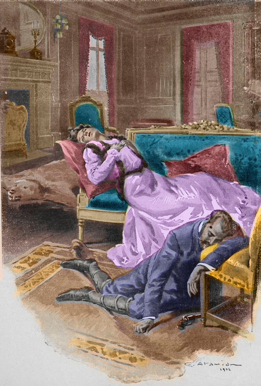 Erkehertug Rudolf, kronprins av Østerrike (1858-1889), dreper seg selv og sin elskerinne, baronesse Mary Vetsera, i sin jakthytte i Mayerling av Charles Garabed Atamian