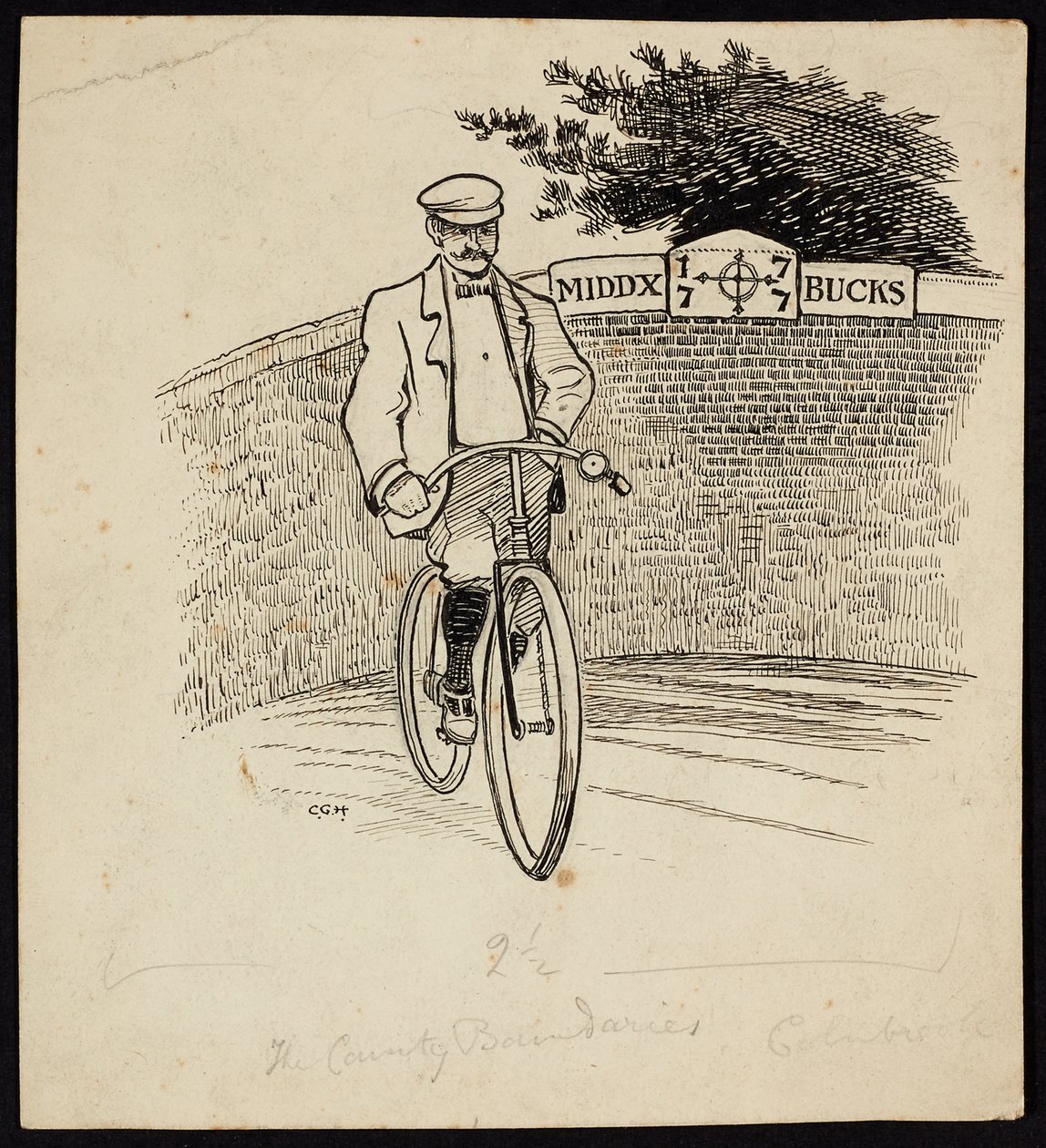 En mann på sykkel foran et skilt som markerer fylkesgrensen mellom Middlesex og Buckinghamshire av Charles George Harper