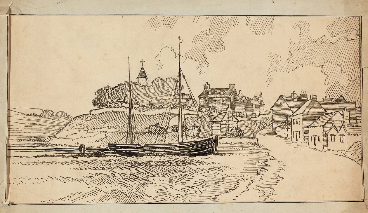 En seilbåt på stranden ved lavvann, ved en bane som fører opp mot en landsby av Charles George Harper