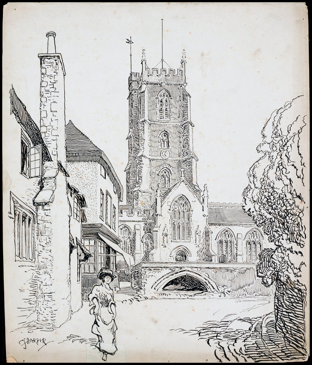 En utsikt fra sør av Priory Church of St George, Dunster, Somerset av Charles George Harper