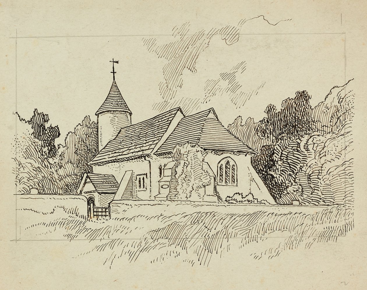 Utvendig visning av en uidentifisert kirke (penn og blekk på papir) av Charles George Harper