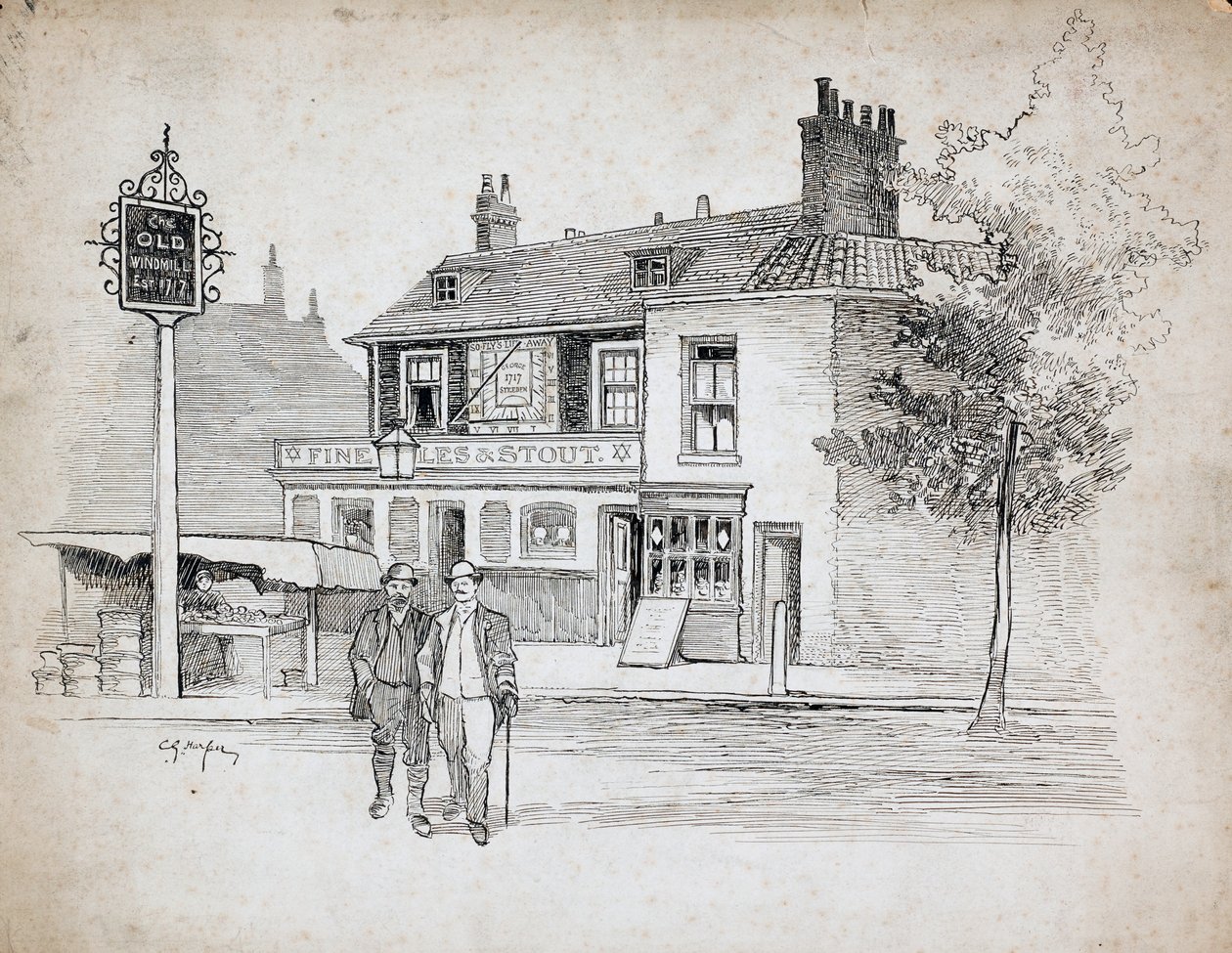 Old Windmill Public House, 214-214 Chiswick High Road, Turnham Green (penn og blekk på papir) av Charles George Harper