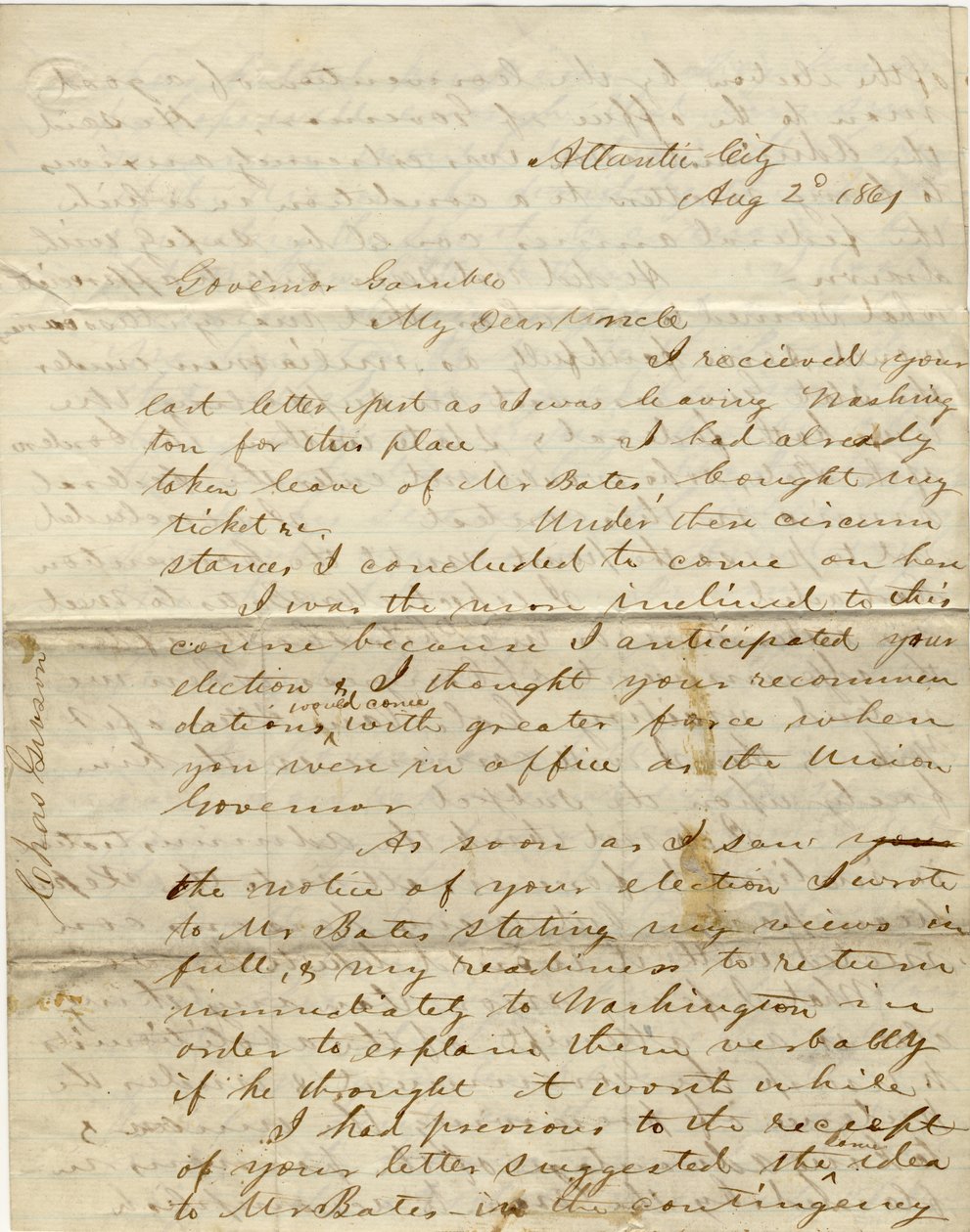 Brev signert C. Gibson [Charles Gibson], Atlantic City, til guvernør Gamble [Hamilton R. Gamble], 2. august 1861 av Charles Gibson
