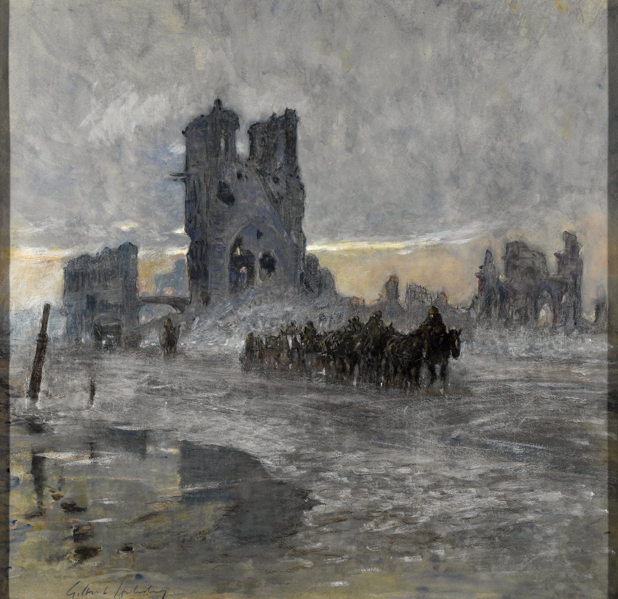Hestetrukne transporter, muligens et artilleritog, passerer den ødelagte kledehallen, Ypres av Charles Gilbert Holiday