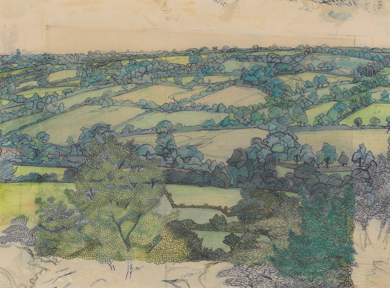 Applehayes, ca. 1912 (blyant, fargestift, penn og blått blekk på papir) av Charles Ginner