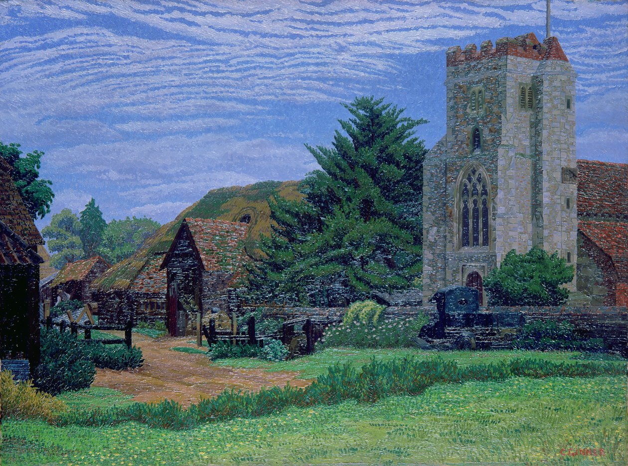 Church and Barn, Waltham St. Lawrence av Charles Ginner