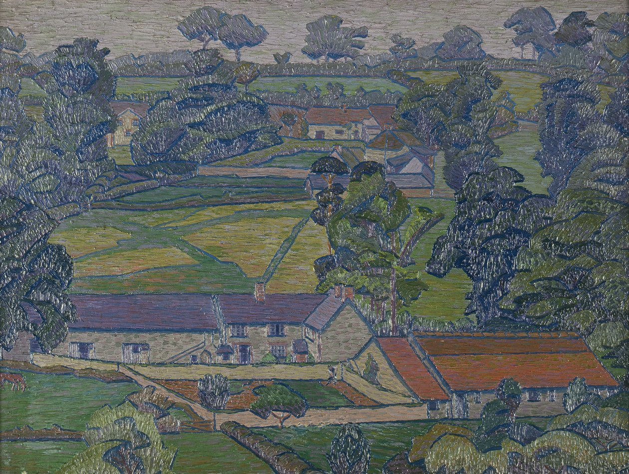 Landskap med gårdshus, ca. 1912-13 (olje på lerret) av Charles Ginner