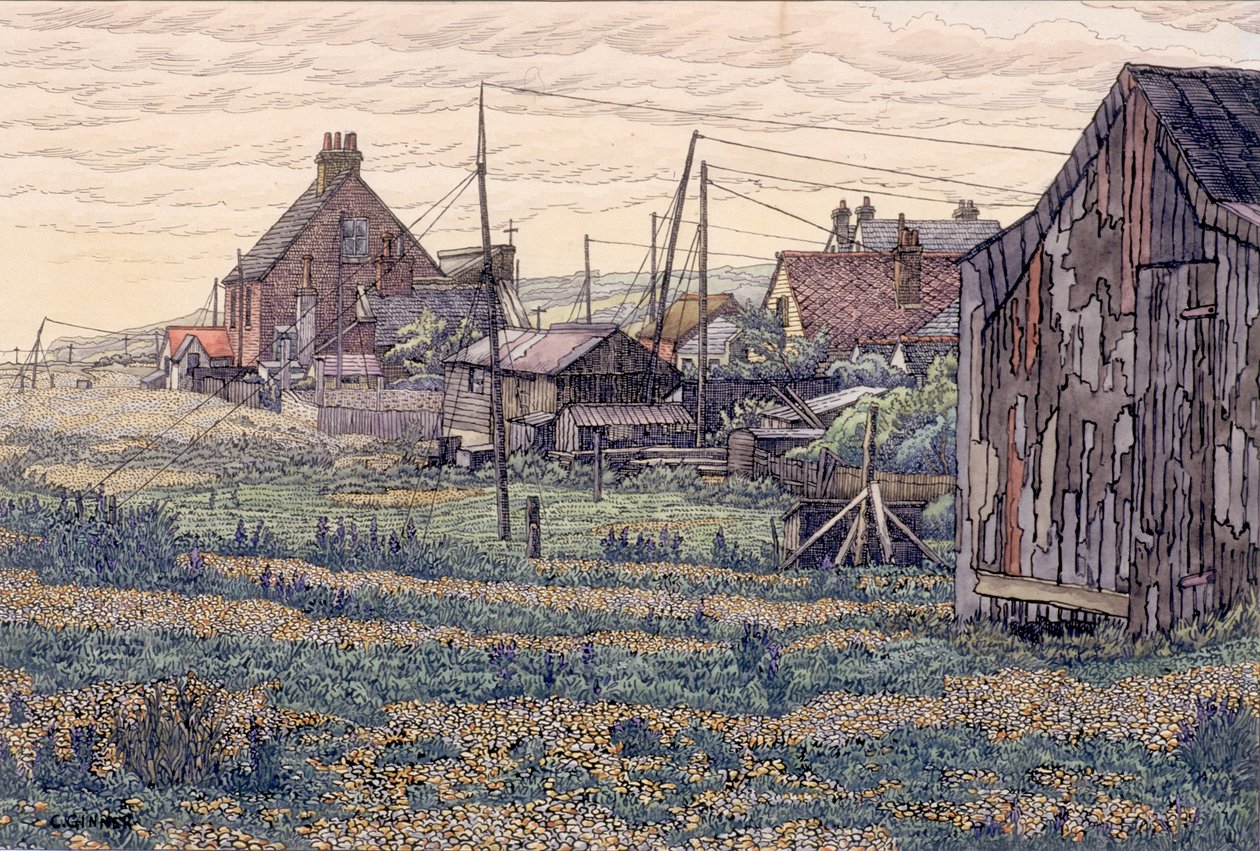 Pebbles - Rye Harbor (blekk og akvarell på vevd papir) av Charles Ginner