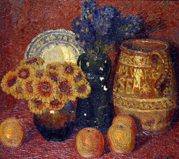 Stilleben - Blomster, keramikk og epler (olje på lerret) av Charles Ginner