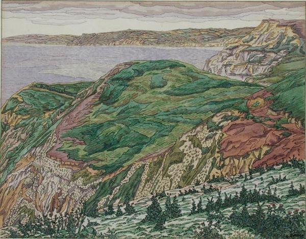 The Dorset Coast, ca. 1927 (penn & blekk & akvarell på papir) av Charles Ginner