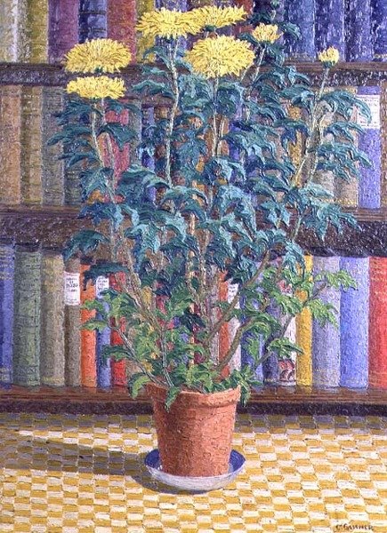 Gule krysantemum i en blomsterpotte av Charles Ginner