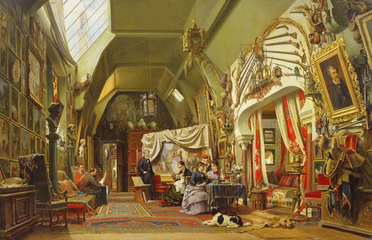 Eugene Giraud (1806-81) i sitt studio med sin bror, Charles og hans sønn, Victor av Charles Giraud