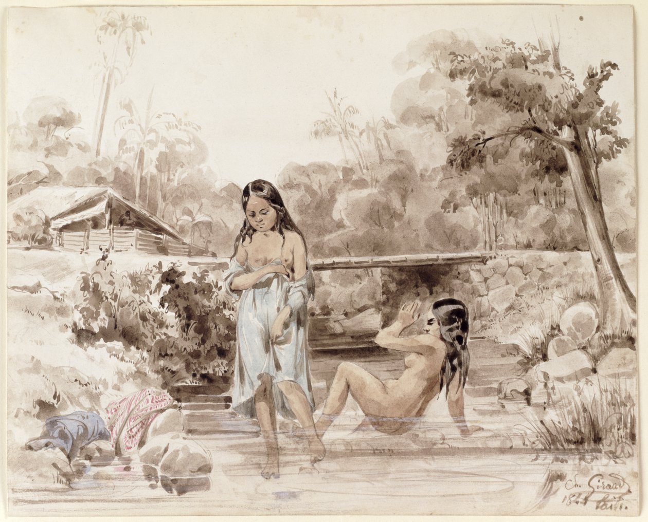 Tahitians Bathing, 1844 (penn og vask på papir) av Charles Giraud