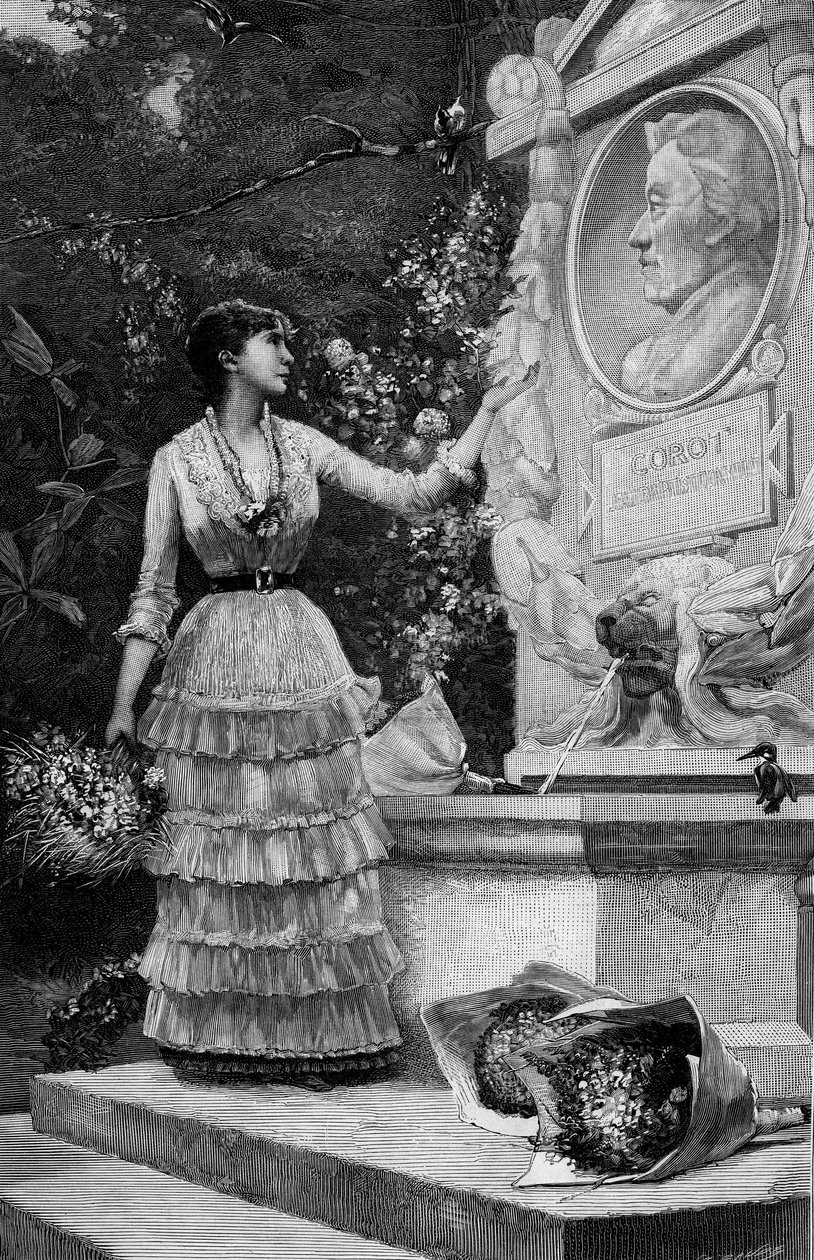 Ms. Blanche Baretta (Baretta) (f. 1855) fra Comedie Francaise, taler versene til Mr. Francois Coppee, foran monumentet til Corot i Ville d'Avray. Gravering etter maleriet av Charles Giron (1850-1914). I "" The Illustrous World"" nr. av Charles Giron