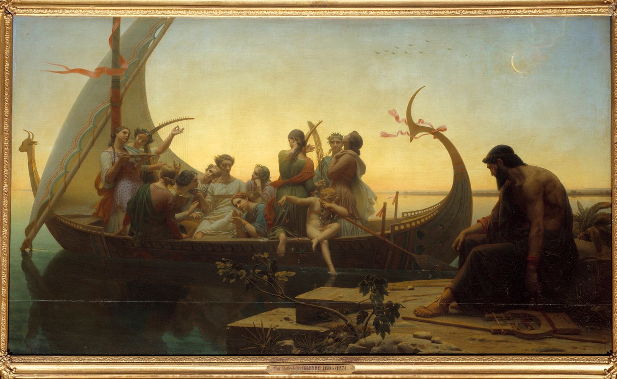 Tapte illusjoner eller kveld En allegorisk scene som skildrer karakterer på en avgående drakkar, en mann blir ved kaien med en lyre. Maleri av Charles Gleyre (1806-1874) Søn fra 1800-tallet. 1,56x2,38 m av Charles Gleyre