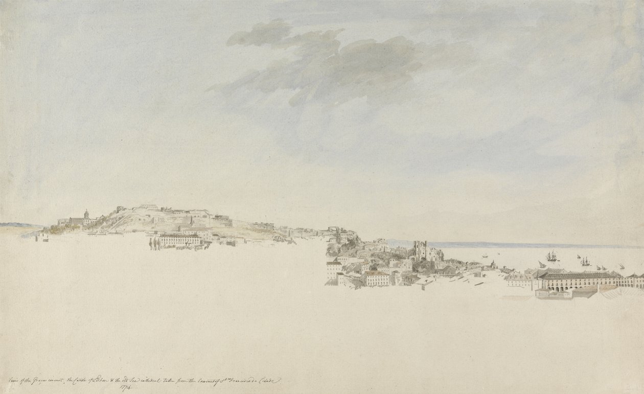 Lisboa, fra klosteret St. Francis da Citadel, 1774 (wc med penn og blekk over grafitt på papir) av Charles Gore