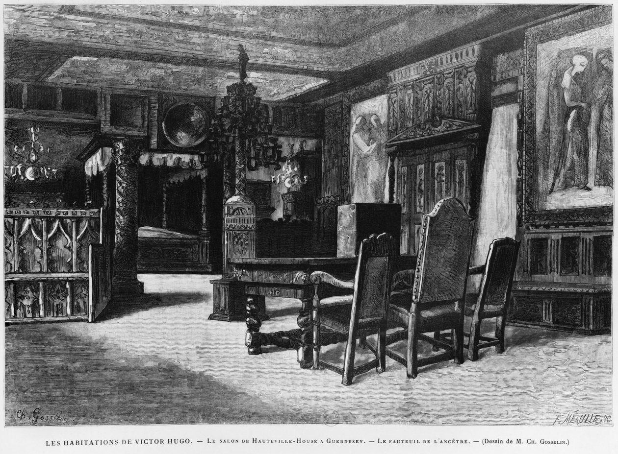 Homes of Victor Hugo, salongen i Hauteville-huset i Guernsey, lenestolen til forfaren, gravert av Fortune Louis Meaulle (1844-1901) av Charles Gosselin