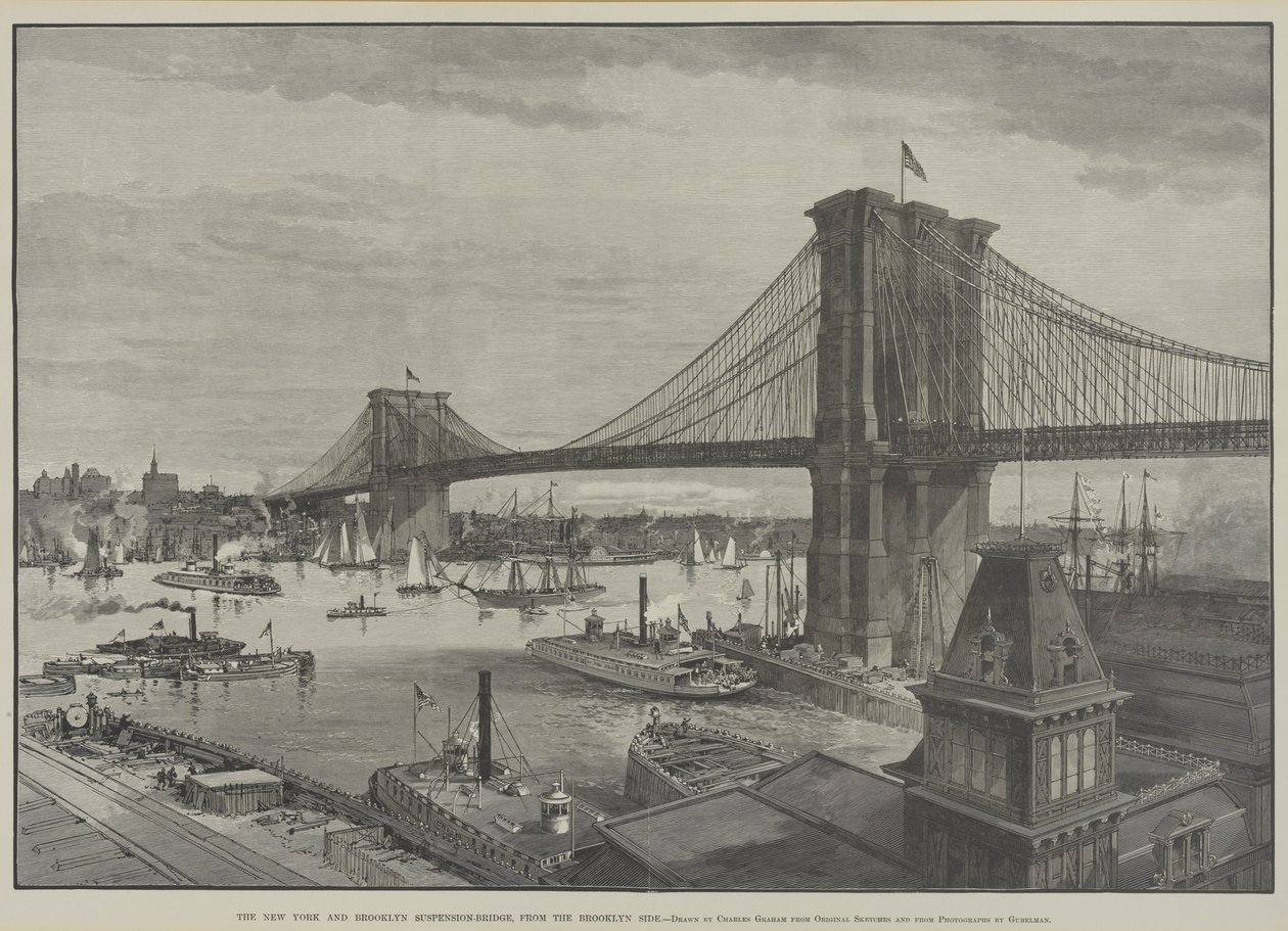 The New York og Brooklyn Suspension Bridge fra Brooklyn Side, sent på 1800-tallet av Charles Graham