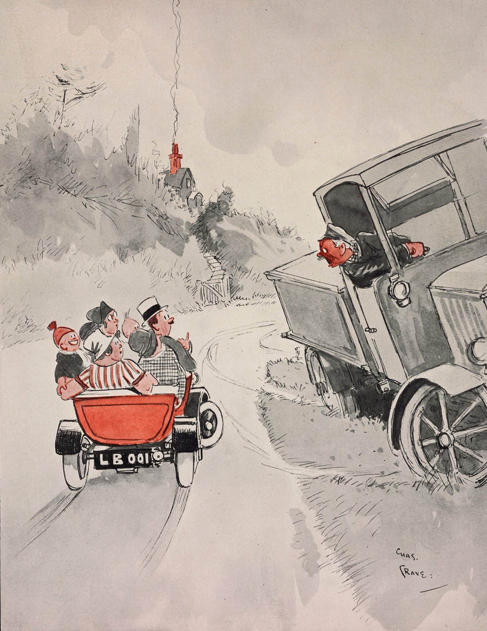 Hermetiske sardiner og den sarkastiske lastebilsjåføren, tegneserie av Chas Grave (1886-1944) fra The Tatler, nr. 1406, 6. juni av Charles Grave