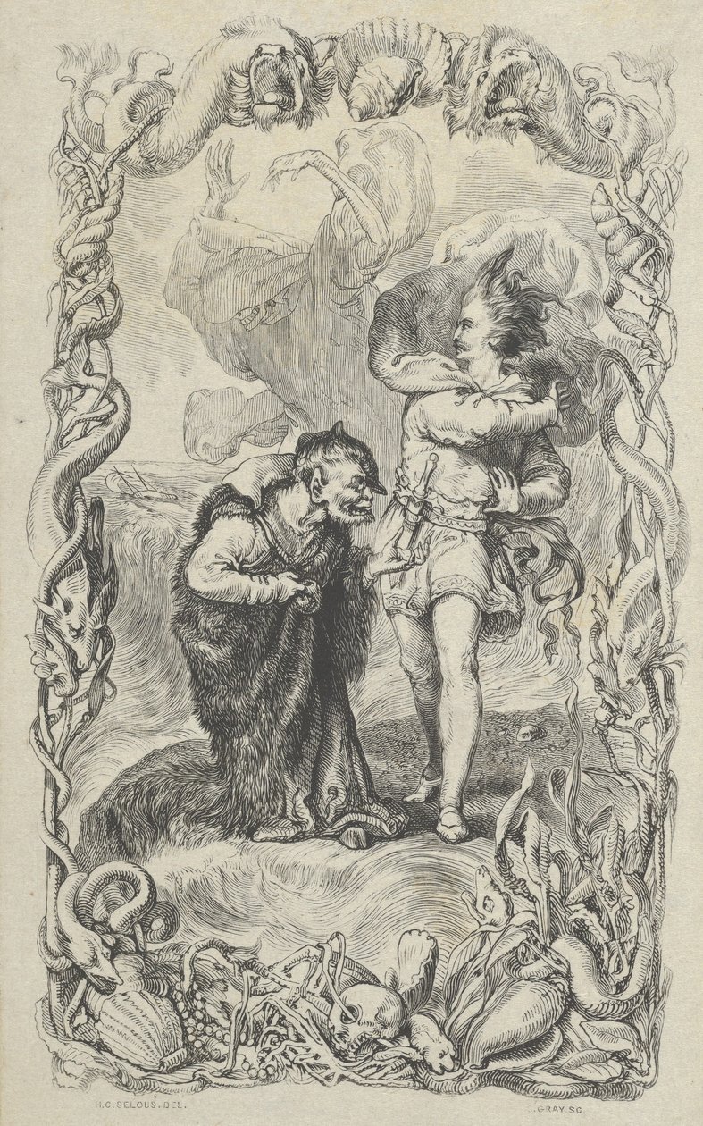 Illustrasjon til stormen: Caliban, Ferdinand og Ariel, 1836. av Charles Gray