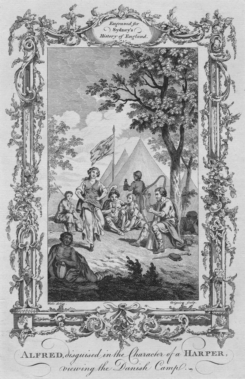 Alfred, forkledd i Character of a Harper, ser på den danske leiren, 1773. av Charles Grignion