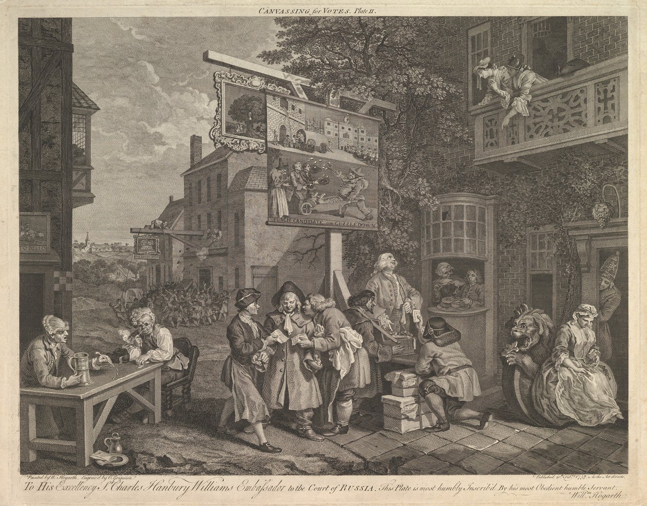 Canvassing for Votes, Plate II: Four Prints of an Election, 20. februar 1757. av Charles Grignion