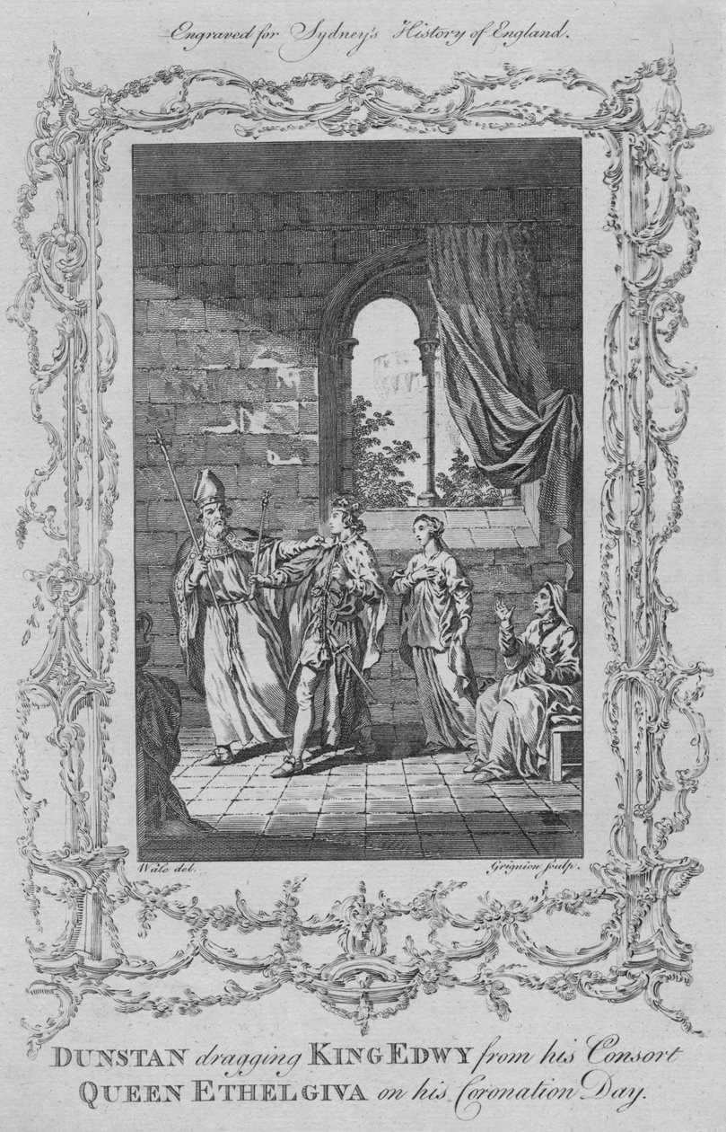 Dunstan drar kong Edwy fra sin konedronning Ethelgiva på kroningsdagen hans, 1773. av Charles Grignion