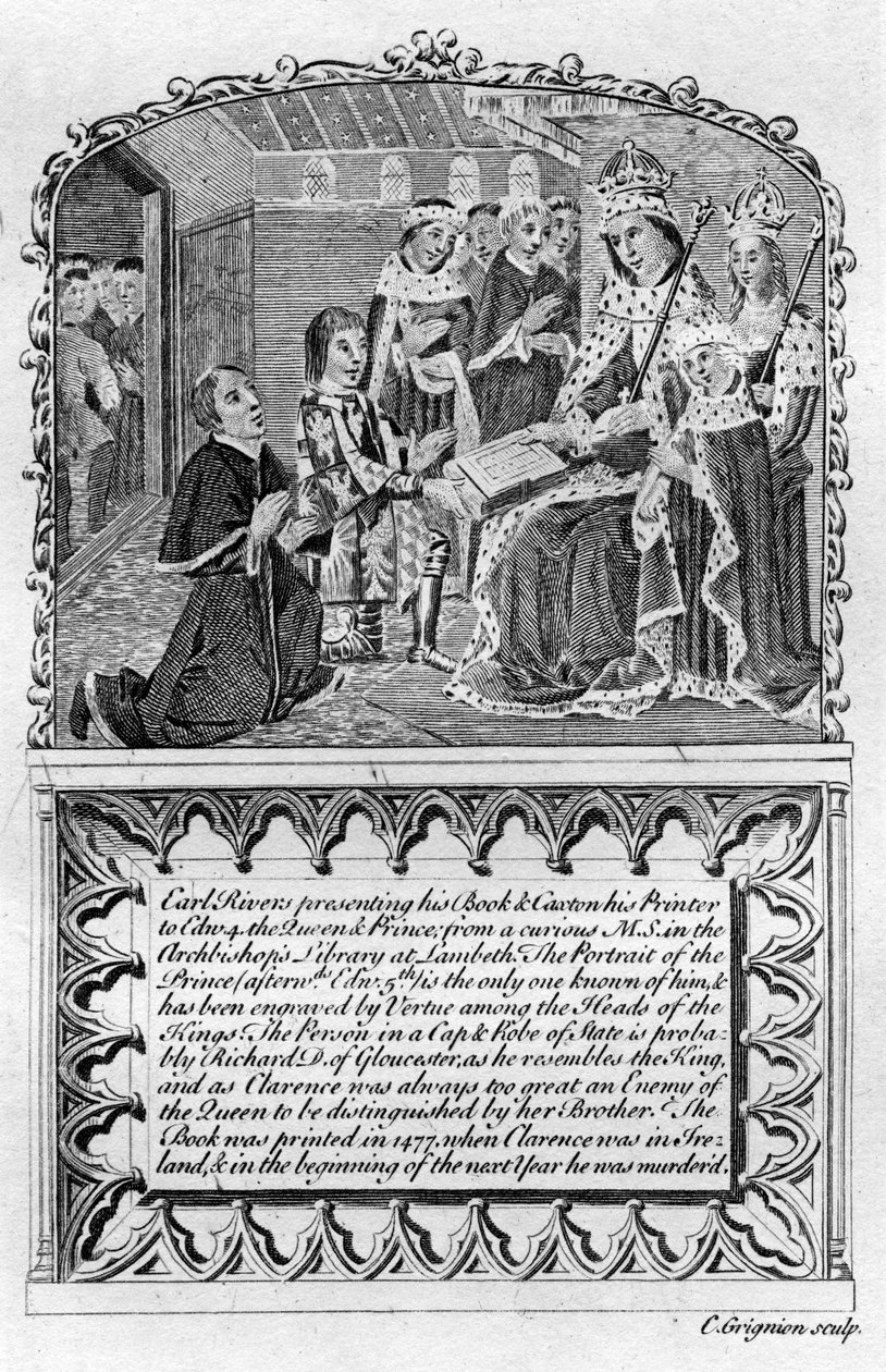 Earl Rivers presenterer boken sin til kong Edward IV, c1477 sent på 1700- eller tidlig på 1800-tallet av Charles Grignion