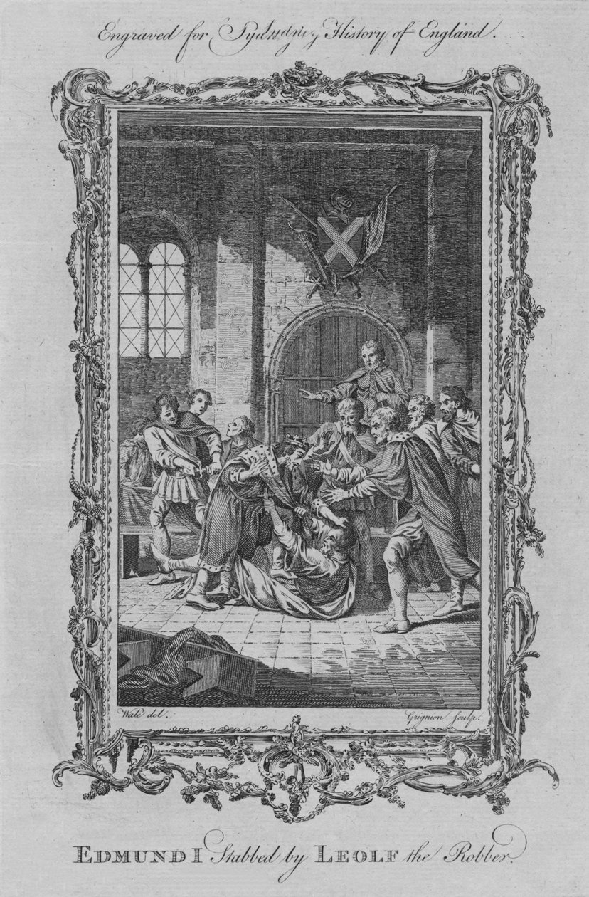 Edmund I knivstukket av røveren Leolf, 1773. av Charles Grignion