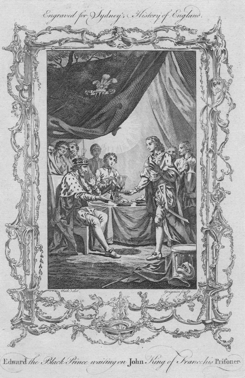 Edward den svarte prinsen venter på John King of France, hans fange, 1773. av Charles Grignion