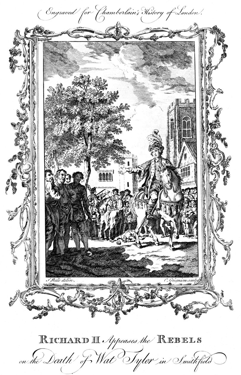Kong Richard II formilder opprørerne ved døden til Wat Tyler, Smithfield, 1800-tallet. av Charles Grignion