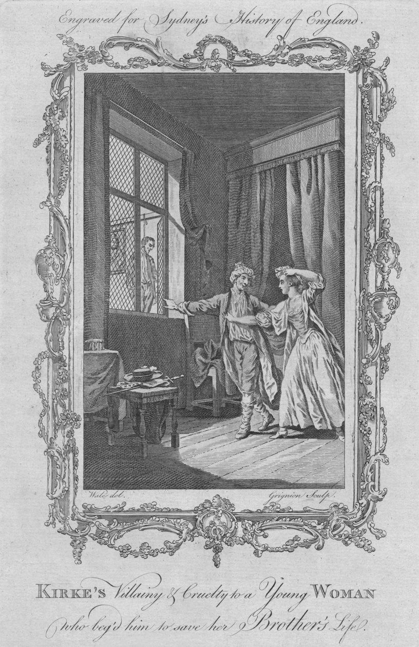 Kirkes skurk og grusomhet mot en ung kvinne som tryglet ham om å redde brødrenes liv, 1773. av Charles Grignion