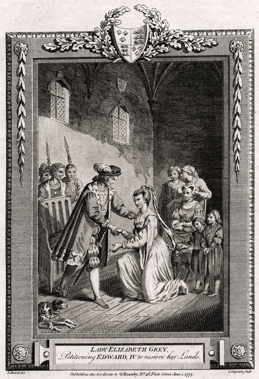 Lady Elizabeth Grey, begjærte Edward IV om å gjenopprette landene hennes, 1400-tallet, 1777 av Charles Grignion