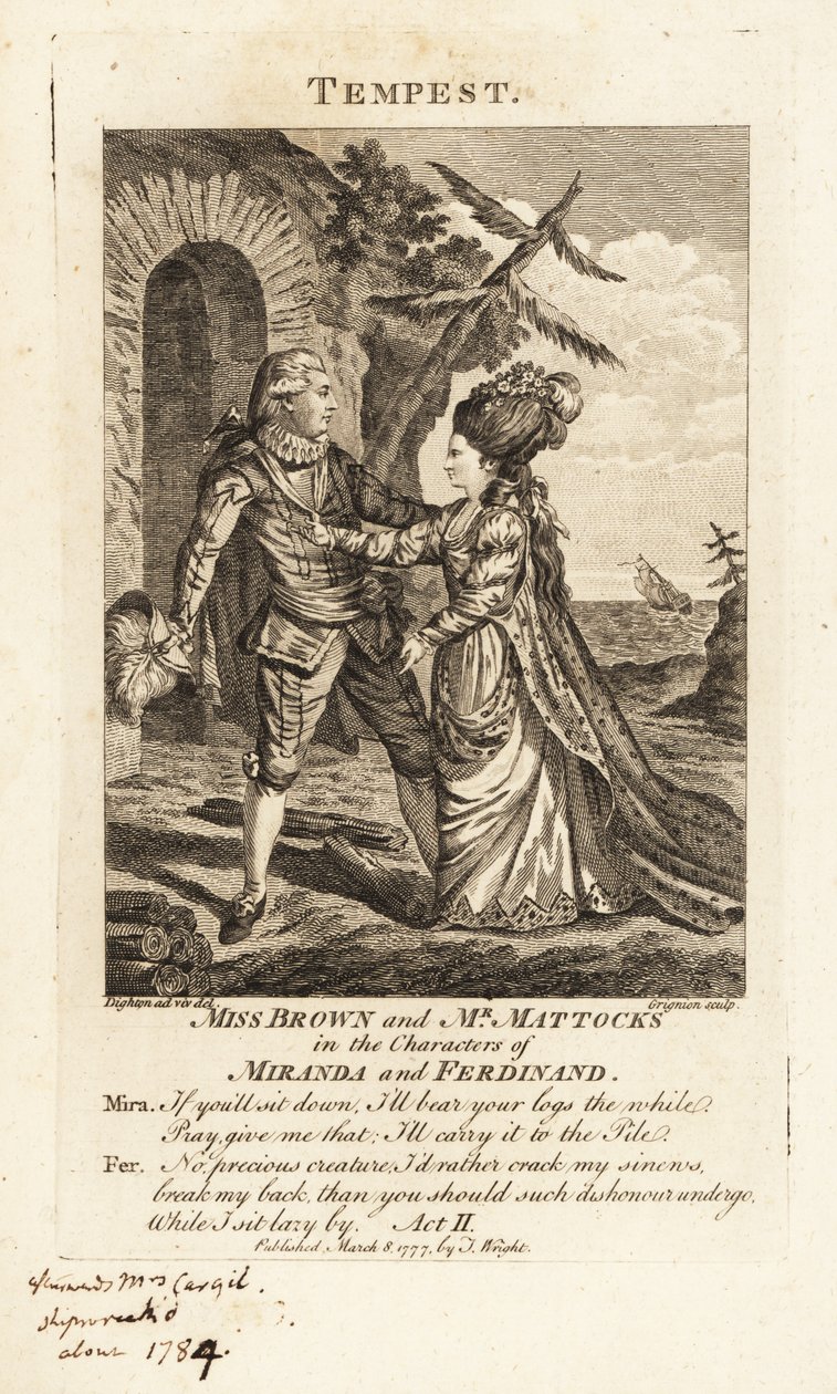 Frøken Ann Brown og Mr George Mattocks i karakterene til Miranda og Ferdinand i en operaversjon av William Shakespeares The Tempest, Covent Garden Theatre av Charles Grignion