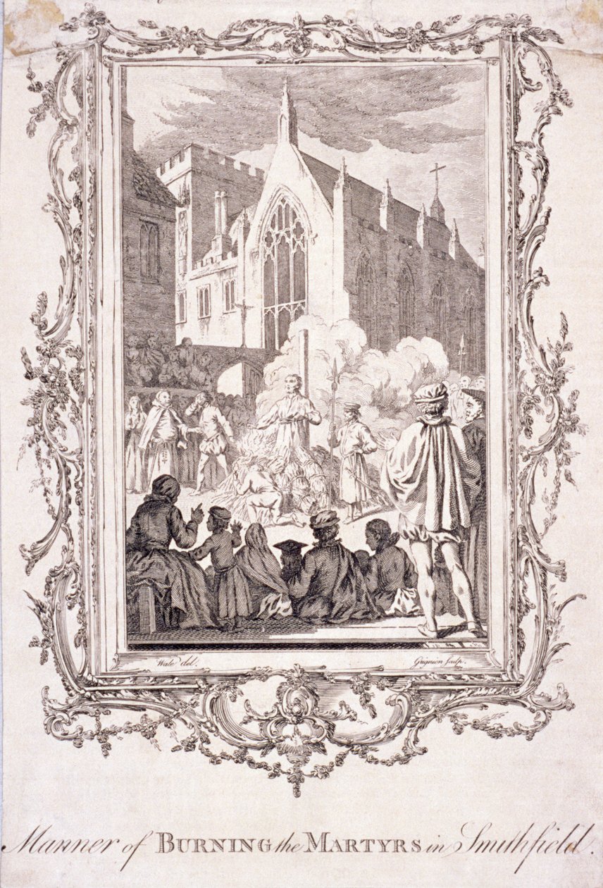 Scene av protestanter som ble brent på Smithfield, 1500-tallet, c1760. av Charles Grignion