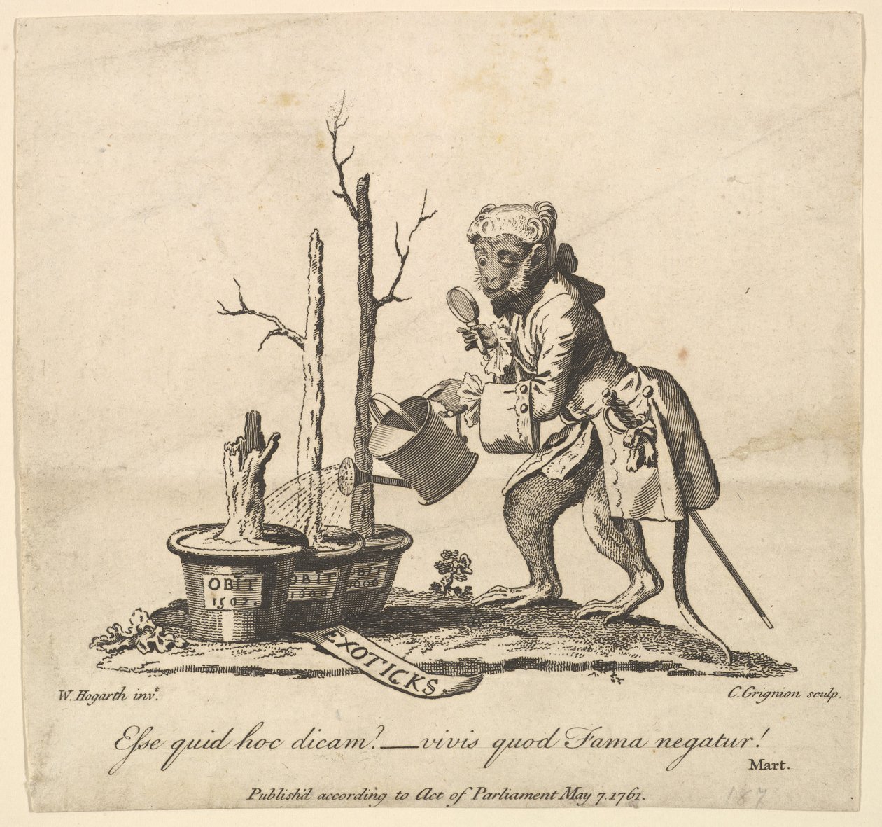 Bakstykke til katalogen over bilder utstilt i Spring Garden, 7. mai 1761. av Charles Grignion