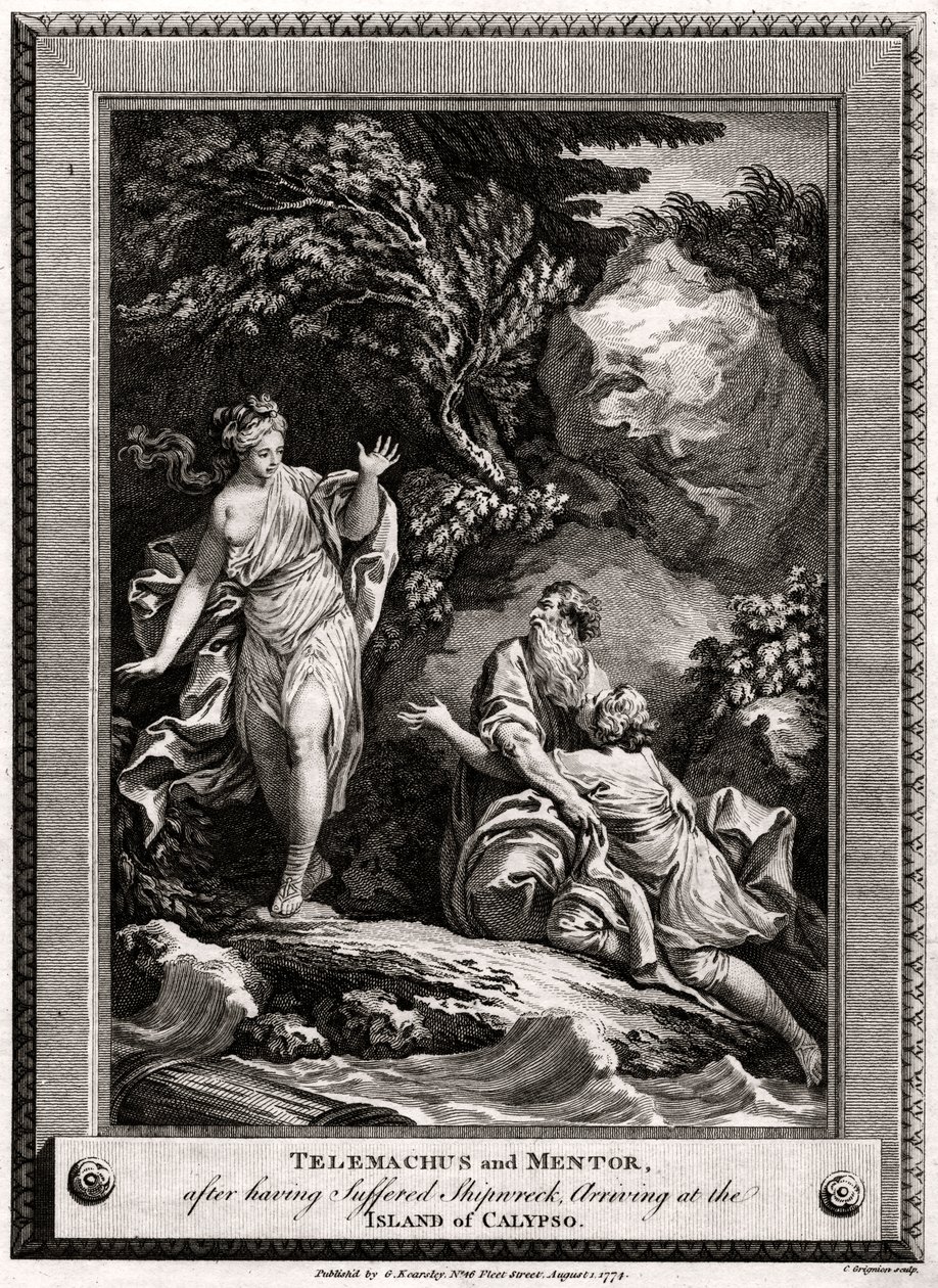 Telemachus og Mentor, etter å ha lidd et forlis, ankommer øya Calypso, 1774 av Charles Grignion