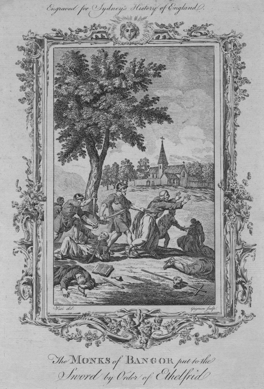 Munkene fra Bangor satte til sverdet etter ordre fra Ethelfrid, 1773. av Charles Grignion