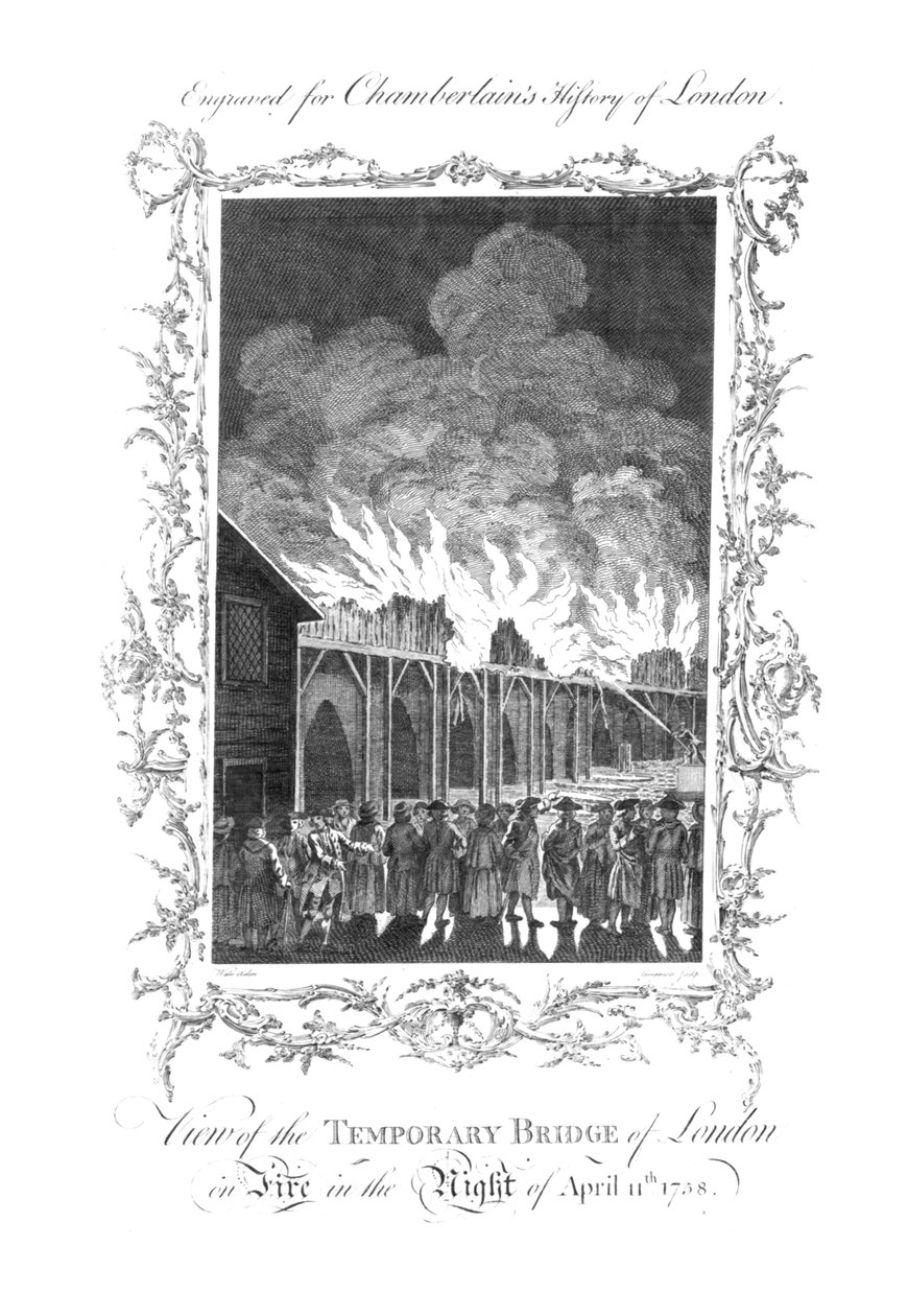 Utsikt over den midlertidige broen i London i brann...1758., c1770 av Charles Grignion