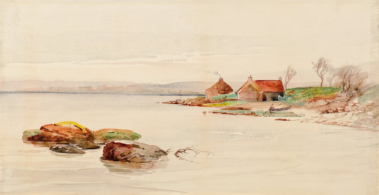 Kystscene med hytter (akvarell) av Charles Gustav Louis Phillips