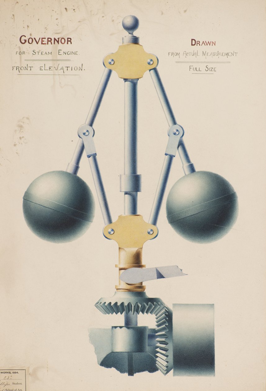 Guvernør for Steam Engine - Front Elevation, ca. 1882 (akvarell) av Charles Gustav Louis Phillips