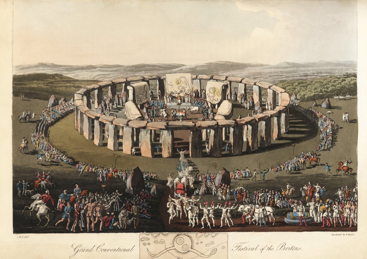 Grand Conventional Festival of the Britons på Stonehenge, pre-Ro, 1821 (gravering) av Charles Hamilton (after) Smith