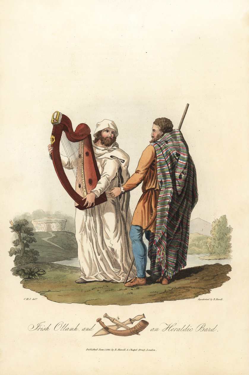 Irsk ollamh og en heraldisk bard, førromersk tid. ,1821 (gravering) av Charles Hamilton (after) Smith