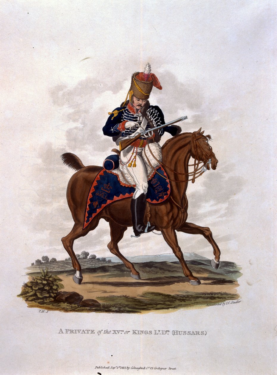 En menig av den 15., eller Kings Hussars, fra 'Costumes of the Army of the British Empire, if the last Regulations 1812', gravert av JC Stadler, utgitt av Colnaghi und Co. 1812-15 (colou av Charles Hamilton Smith