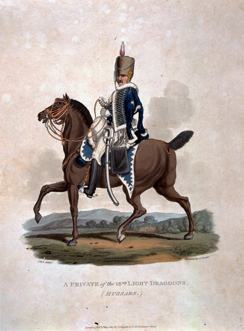En menig av de 18. lette dragoner (Hussars) fra 'Costumes of the Army of the British Empire, ifølge de siste forskriftene 1812', gravert av JC Stadler, utgitt av Colnaghi und Co. 1812-15 av Charles Hamilton Smith